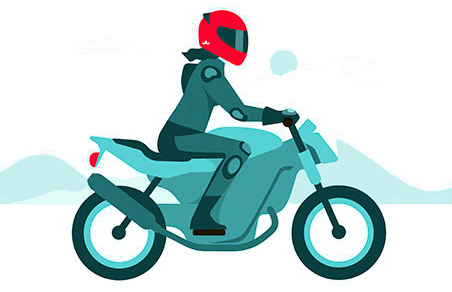 Ilustración de un motorista con casco rojo circulando en moto