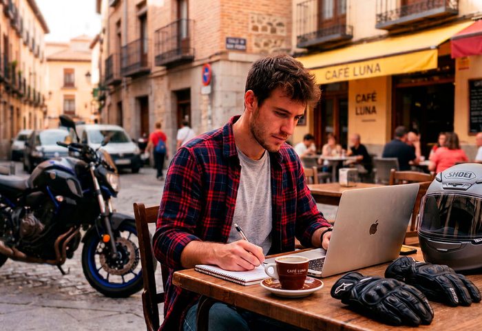 Motorista tomando notas con un portátil en la terraza de un café, con el casco y los guantes en la mesa